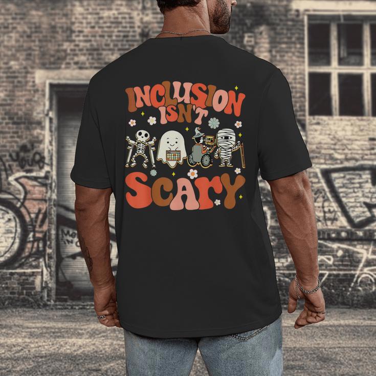 Inclusion Isn't Scary SLP Sped Teacher Halloween Men's Back Print T-Shirt, funny design Inclusion Isn't Scary SLP Sped Teacher Halloween Men's Back Print T-Shirt, funny design