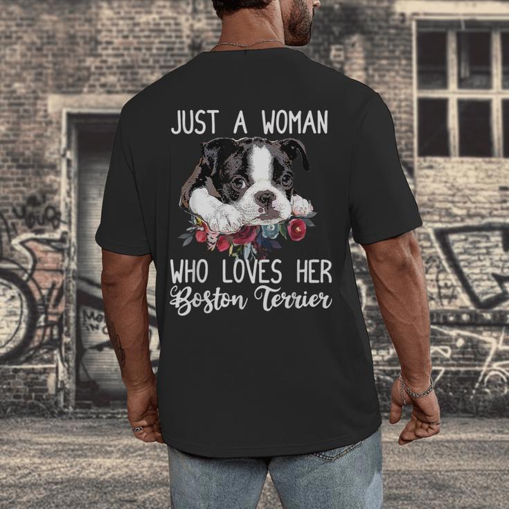 Just a Woman Who Loves Her Boston Terrier Cute Dog Mom Men's Back Print T-Shirt, funny design