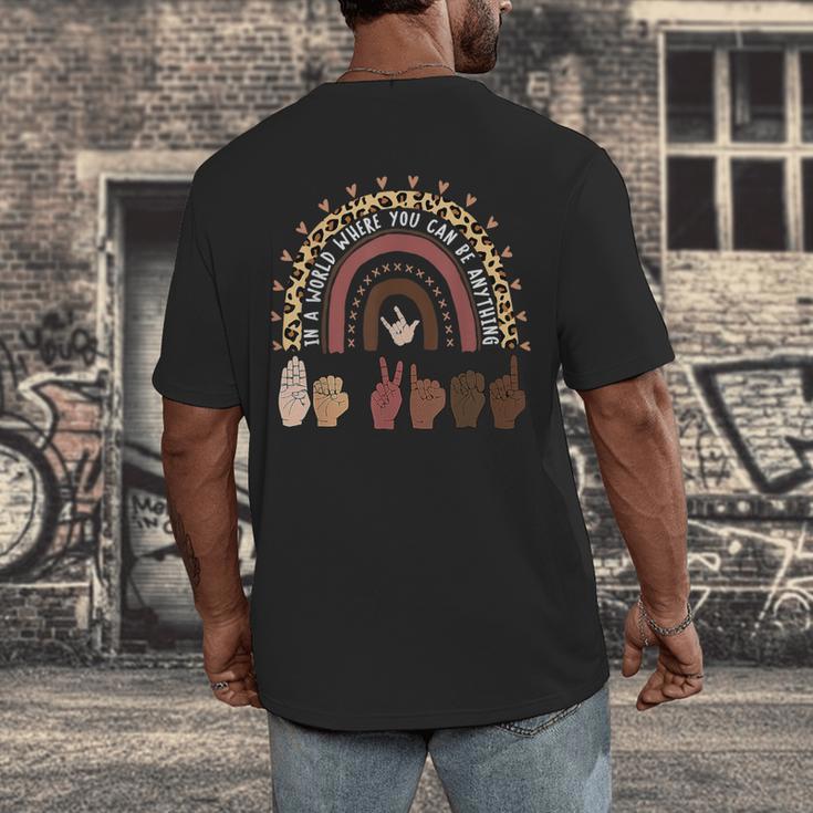 Be Kind Hand-Talking Teacher Artist ASL Men's Back Print T-Shirt, funny design