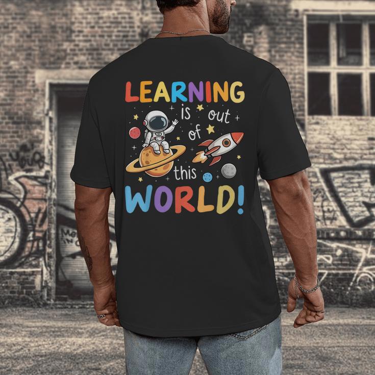 Learning Is Out Of This World Space Back To School Teacher Men's Back Print T-Shirt, funny design Learning Is Out Of This World Space Back To School Teacher Men's Back Print T-Shirt, funny design