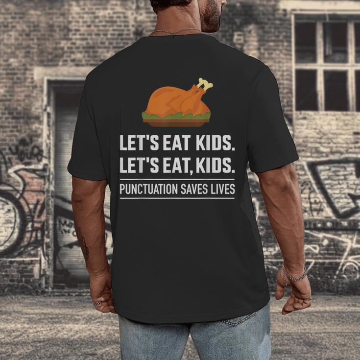 Let's Eat Kids Grammar For Thanksgiving Teacher Men's Back Print T-Shirt, funny design Let's Eat Kids Grammar For Thanksgiving Teacher Men's Back Print T-Shirt, funny design