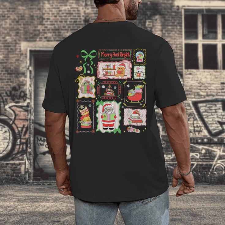 Merry And Bright Christmas Gingerbread Santa Book Teacher Men's Back Print T-Shirt, funny design