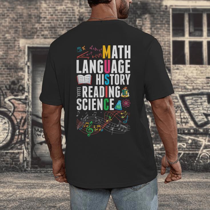 Music Teacher Music Math Language History Reading Science Men's Back Print T-Shirt, funny design Music Teacher Music Math Language History Reading Science Men's Back Print T-Shirt, funny design