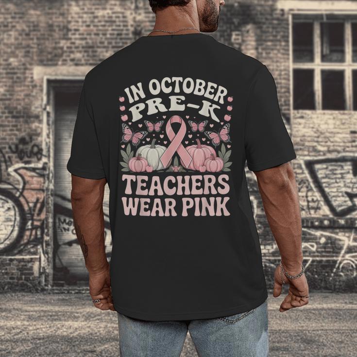 In October Pre-K Teachers Wear Pink Ribbon Breast Cancer Men's Back Print T-Shirt, funny design