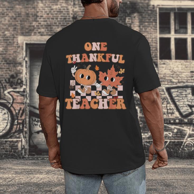 One Thankful Teacher Fall Leaves Thanksgiving Retro Men's Back Print T-Shirt, funny design One Thankful Teacher Fall Leaves Thanksgiving Retro Men's Back Print T-Shirt, funny design