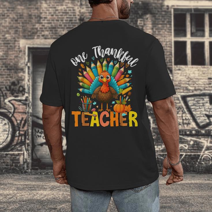 One Thankful Teacher Thanksgiving Turkey Cute Crayon Pencil Men's Back Print T-Shirt, funny design One Thankful Teacher Thanksgiving Turkey Cute Crayon Pencil Men's Back Print T-Shirt, funny design