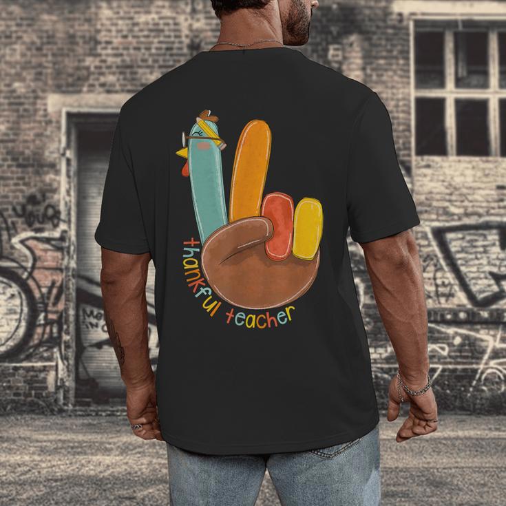 One Thankful Teacher Thanksgiving Turkey Peace Hand Sign Men's Back Print T-Shirt, funny design