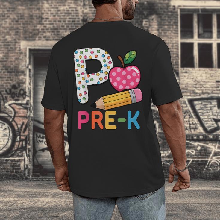 P Is For Pre K Teacher Student Pencil Apple Back To School Men's Back Print T-Shirt, funny design P Is For Pre K Teacher Student Pencil Apple Back To School Men's Back Print T-Shirt, funny design