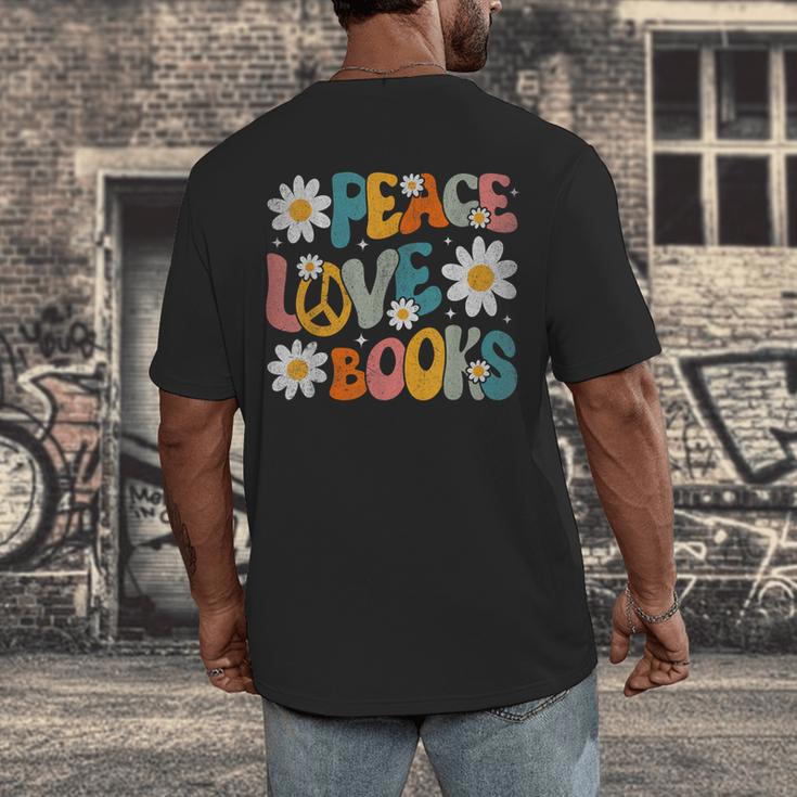 Peace Love Books Bookworm Librarian Reading Teacher Groovy Men's Back Print T-Shirt, funny design Peace Love Books Bookworm Librarian Reading Teacher Groovy Men's Back Print T-Shirt, funny design