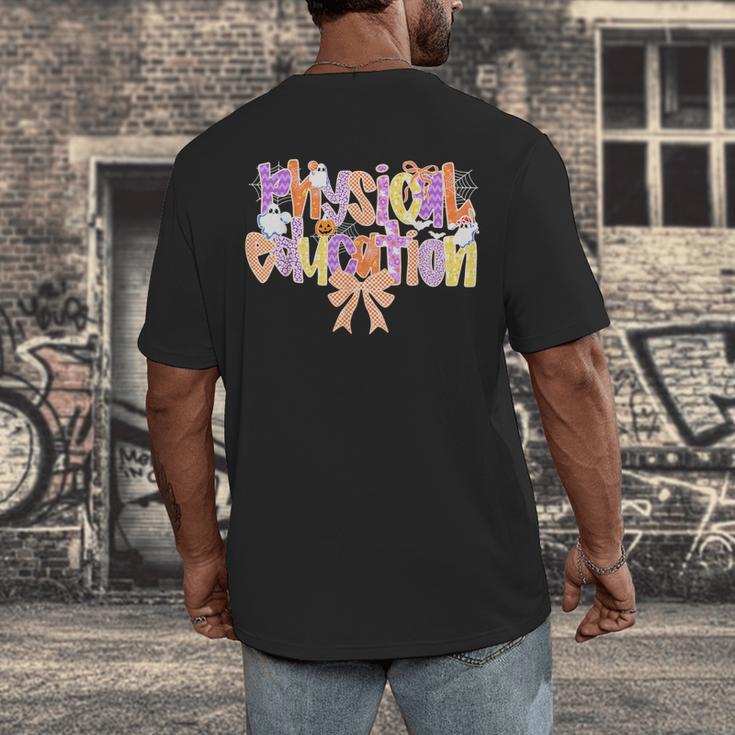 Physical Education Halloween Bow Checkered Teacher Ghost PE Men's Back Print T-Shirt, funny design