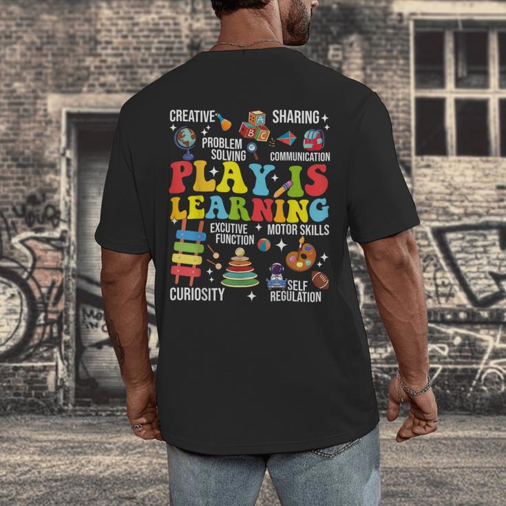 Play Is Learning Kindergarten Preschool Teacher Appreciation Men's Back Print T-Shirt, funny design Play Is Learning Kindergarten Preschool Teacher Appreciation Men's Back Print T-Shirt, funny design