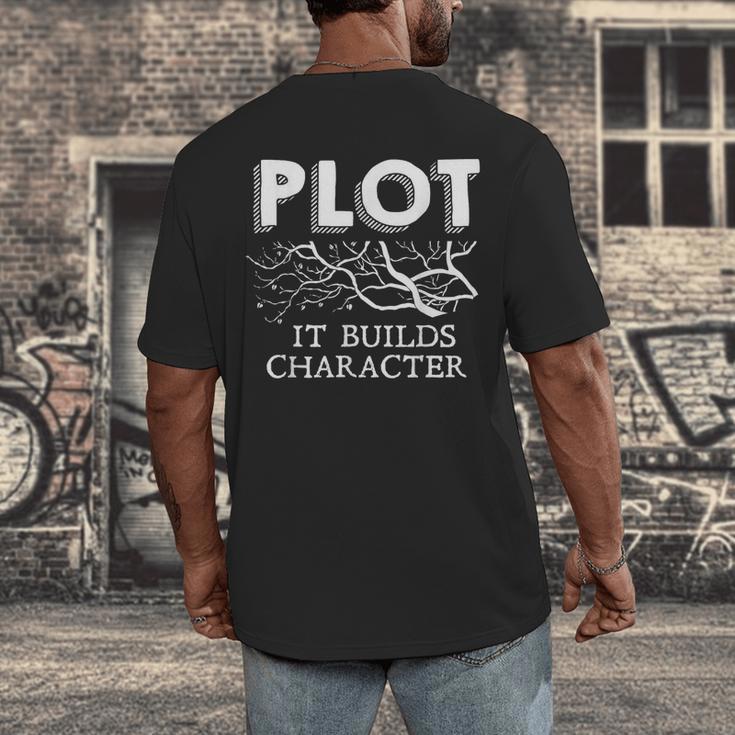 Plot It Builds Character Book Reading Teacher Men's Back Print T-Shirt, funny design Plot It Builds Character Book Reading Teacher Men's Back Print T-Shirt, funny design