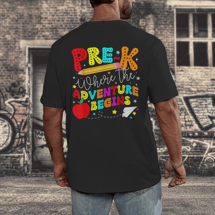 Pre-k Where The Adventure Begins First Day Of Prek Teacher Men's Back Print T-Shirt, funny design