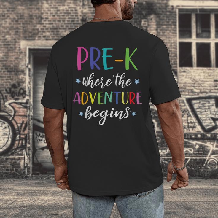 Pre-K Teacher Adventure Begins First Day Preschool Teachers Men's Back Print T-Shirt, funny design Pre-K Teacher Adventure Begins First Day Preschool Teachers Men's Back Print T-Shirt, funny design