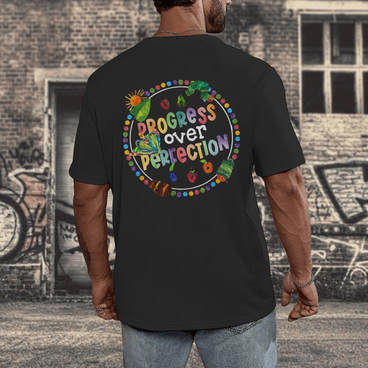 Progress Over Perfection Caterpillar Back To School Teacher Men's Back Print T-Shirt, funny design Progress Over Perfection Caterpillar Back To School Teacher Men's Back Print T-Shirt, funny design