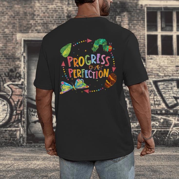 Progress Over Perfection Caterpillar Teacher Back To School Men's Back Print T-Shirt, funny design Progress Over Perfection Caterpillar Teacher Back To School Men's Back Print T-Shirt, funny design