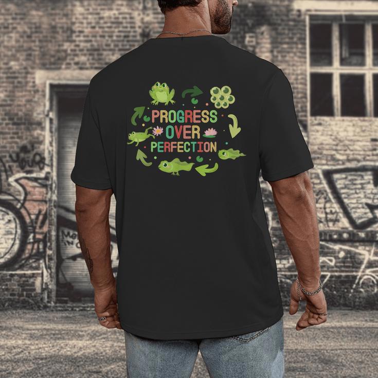 Progress Over Perfection Frog Back To School Teacher Men's Back Print T-Shirt, funny design Progress Over Perfection Frog Back To School Teacher Men's Back Print T-Shirt, funny design