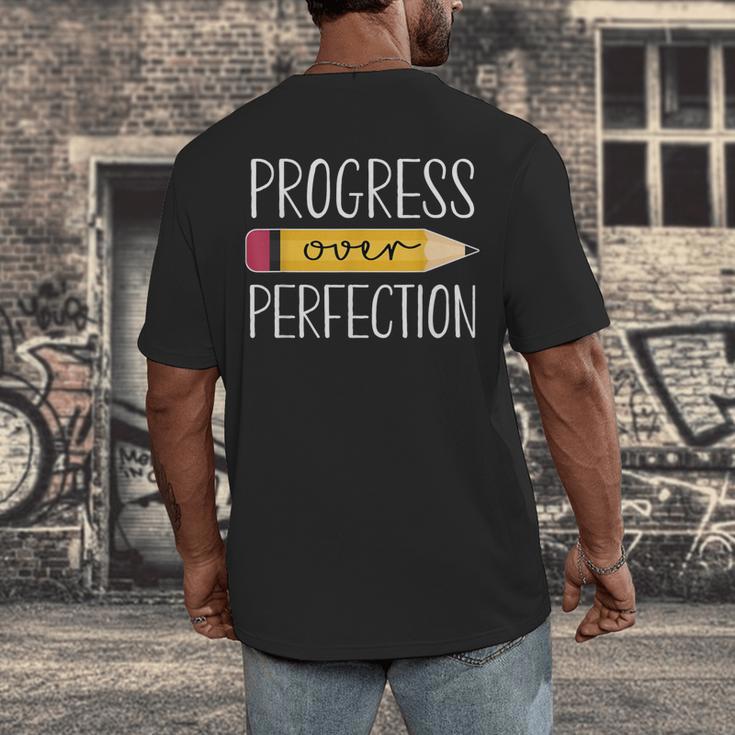 Progress Over Perfection Motivational Back To School Teacher Men's Back Print T-Shirt, funny design Progress Over Perfection Motivational Back To School Teacher Men's Back Print T-Shirt, funny design