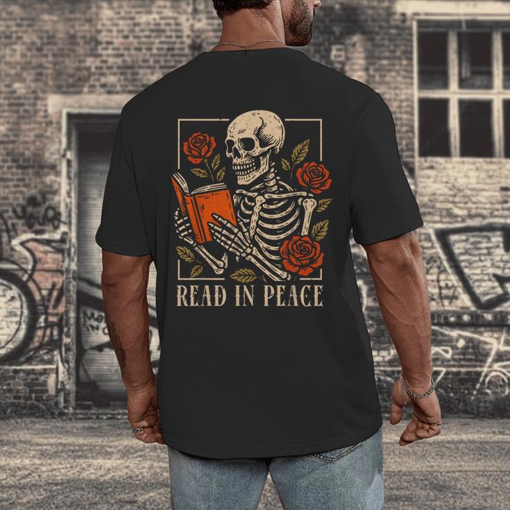 Read In Peace Skeleton Reading Book Halloween Teacher Men's Back Print T-Shirt, funny design Read In Peace Skeleton Reading Book Halloween Teacher Men's Back Print T-Shirt, funny design