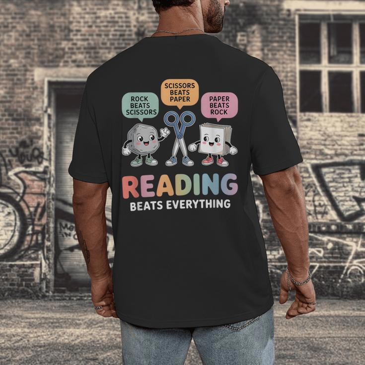 Reading Beats Everything Teacher Rock Paper Scissors Men's Back Print T-Shirt, funny design Reading Beats Everything Teacher Rock Paper Scissors Men's Back Print T-Shirt, funny design