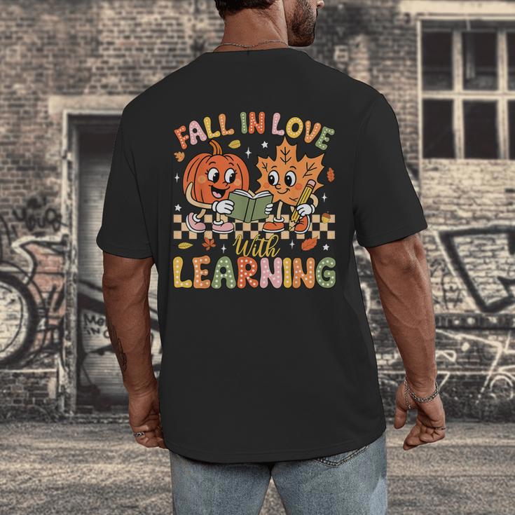 Retro Fall In Love With Learning Autumn Pumpkin Teacher Kids Men's Back Print T-Shirt, funny design Retro Fall In Love With Learning Autumn Pumpkin Teacher Kids Men's Back Print T-Shirt, funny design
