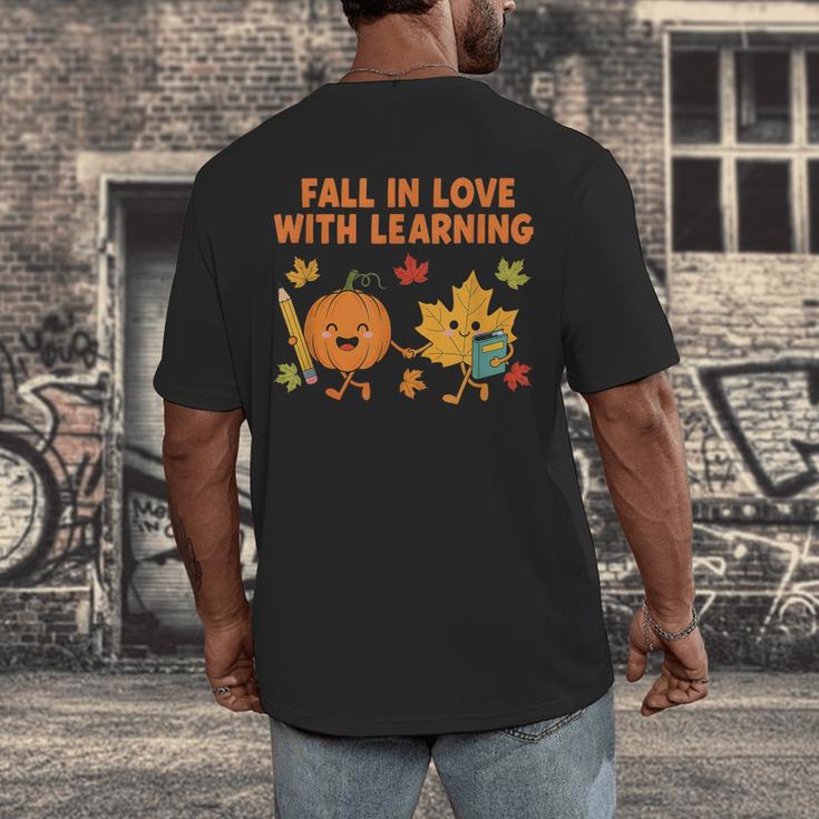 Retro Fall In Love With Learning Autumn Pumpkin Teacher Men's Back Print T-Shirt, funny design