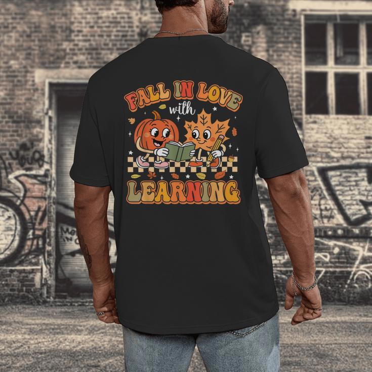 Retro Fall In Love With Learning Autumn Pumpkin Teachers Men's Back Print T-Shirt, funny design Retro Fall In Love With Learning Autumn Pumpkin Teachers Men's Back Print T-Shirt, funny design