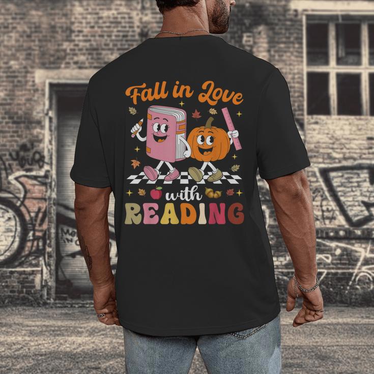 Retro Fall In Love With Learning Pumpkin Autumn Teacher Men's Back Print T-Shirt, funny design Retro Fall In Love With Learning Pumpkin Autumn Teacher Men's Back Print T-Shirt, funny design