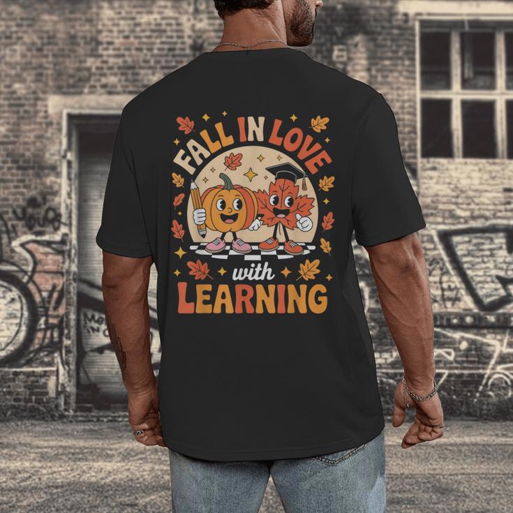 Retro Fall In Love With Learning Pumpkin Leaf Teacher Autumn Men's Back Print T-Shirt, funny design Retro Fall In Love With Learning Pumpkin Leaf Teacher Autumn Men's Back Print T-Shirt, funny design