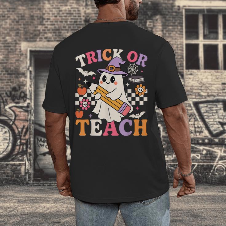 Retro Floral Ghost Trick Or Teach Groovy Teacher Halloween Men's Back Print T-Shirt, funny design Retro Floral Ghost Trick Or Teach Groovy Teacher Halloween Men's Back Print T-Shirt, funny design