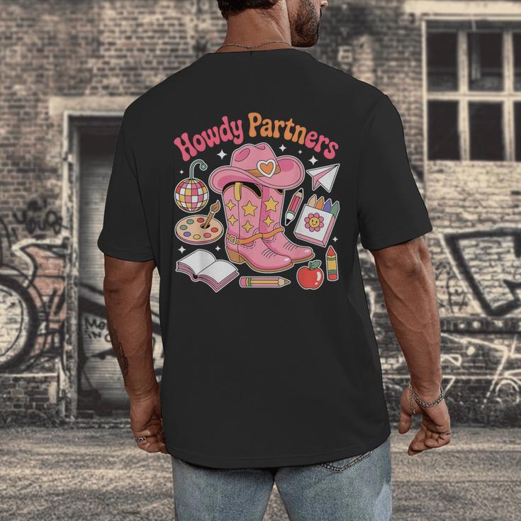 Retro Howdy Partners Cowgirl Cowboy Teacher Back To School Men's Back Print T-Shirt, funny design Retro Howdy Partners Cowgirl Cowboy Teacher Back To School Men's Back Print T-Shirt, funny design