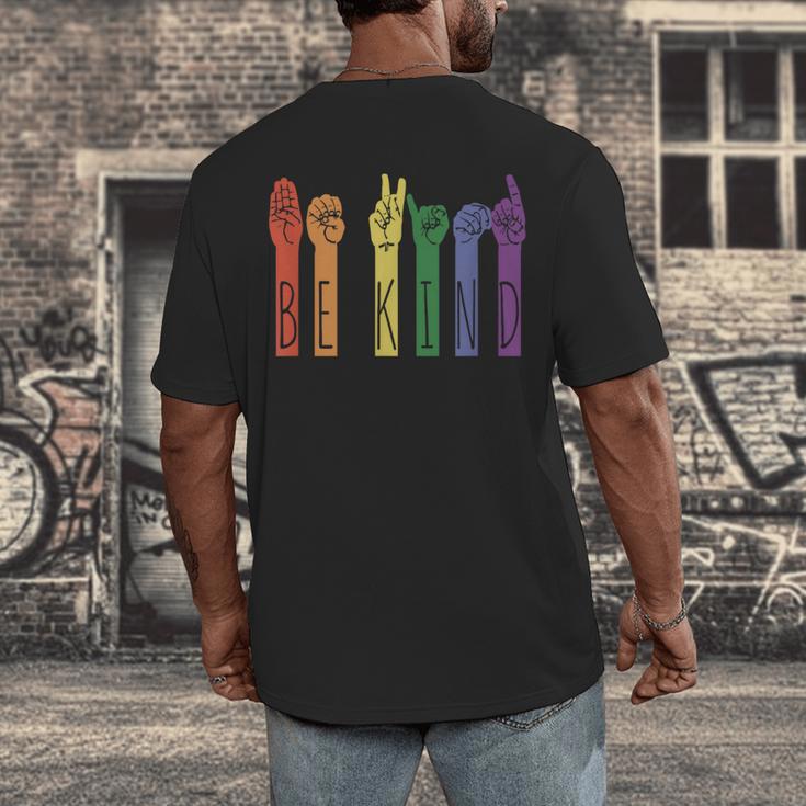 Retro Be Kind ASL Deaf Teacher Sign Language Gay Pride Men's Back Print T-Shirt, funny design Retro Be Kind ASL Deaf Teacher Sign Language Gay Pride Men's Back Print T-Shirt, funny design