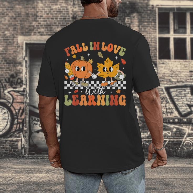 Retro Pumpkin Fall In Love With Learning Autumn Teacher Men's Back Print T-Shirt, funny design