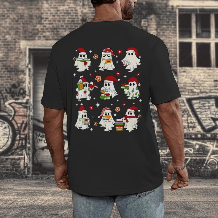 Santa Ghost Reading Books Christmas Library Teacher Men's Back Print T-Shirt, funny design