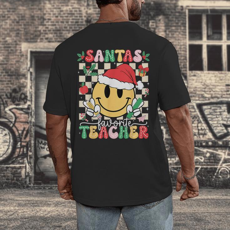 Santas Favorite Teacher Retro Groovy Smile Face Christmas Men's Back Print T-Shirt, funny design
