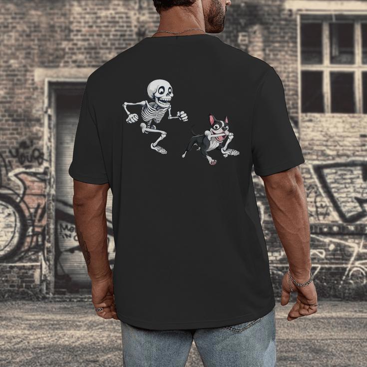 Skeleton Chasing Dog Boston Terrier Halloween Pet Lover Men's Back Print T-Shirt, funny design