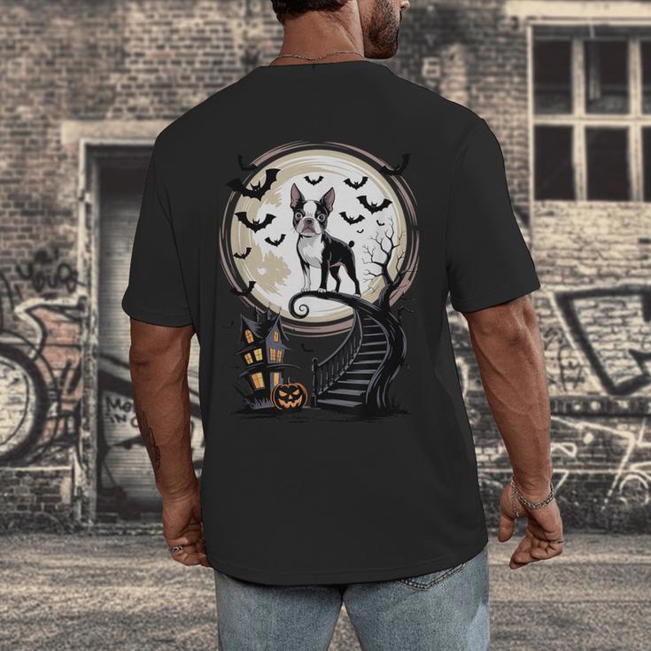 Spooky Halloween Moon Boston Terrier Boston Bull Bostie Men's Back Print T-Shirt, funny design