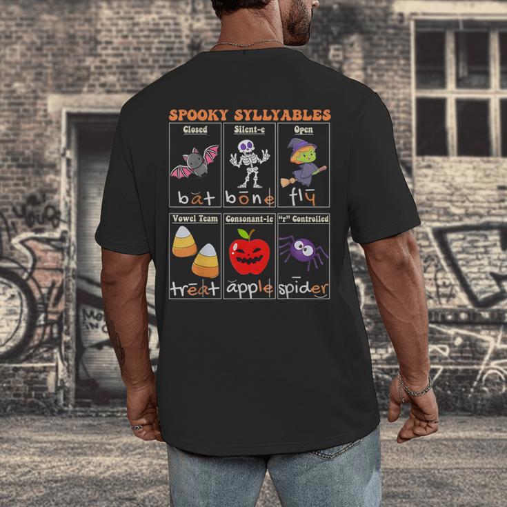 Spooky Syllables Halloween Teacher Student Education Men's Back Print T-Shirt, funny design
