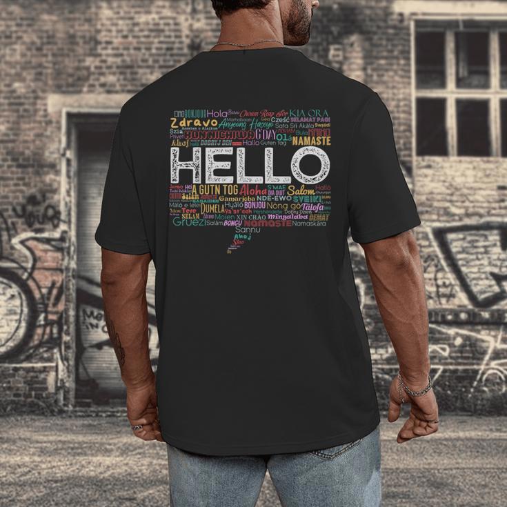 Start With Hello Different World Language Learning Teacher Men's Back Print T-Shirt, funny design Start With Hello Different World Language Learning Teacher Men's Back Print T-Shirt, funny design