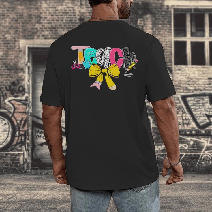 Teach Coquette Bow Teacher Back To School Happy First Day Men's Back Print T-Shirt, funny design