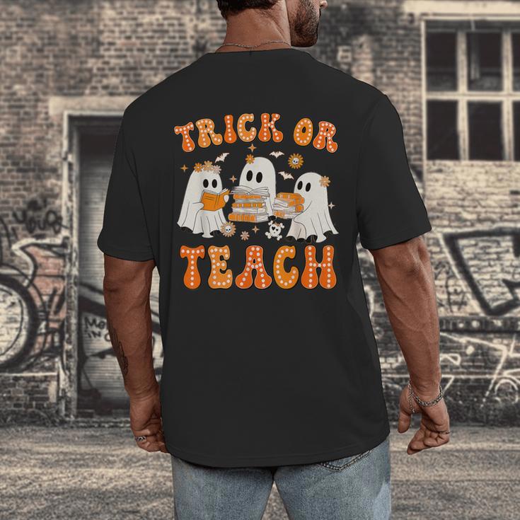 Teacher Halloween Trick Or Teach Retro Groovy Floral Ghost Men's Back Print T-Shirt, funny design Teacher Halloween Trick Or Teach Retro Groovy Floral Ghost Men's Back Print T-Shirt, funny design
