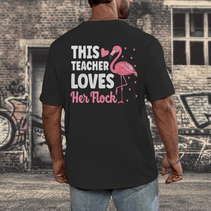 This Teacher Loves Her Flock Teaching Flamingo Girl Men's Back Print T-Shirt, funny design This Teacher Loves Her Flock Teaching Flamingo Girl Men's Back Print T-Shirt, funny design