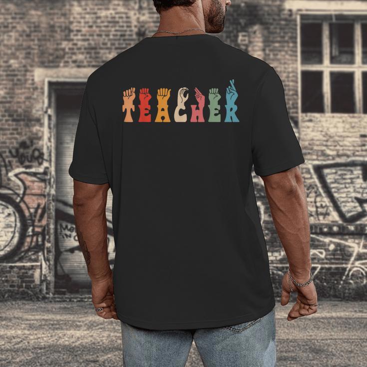 Teacher Word In Sign Language Awareness ASL Back To School Men's Back Print T-Shirt, funny design Teacher Word In Sign Language Awareness ASL Back To School Men's Back Print T-Shirt, funny design