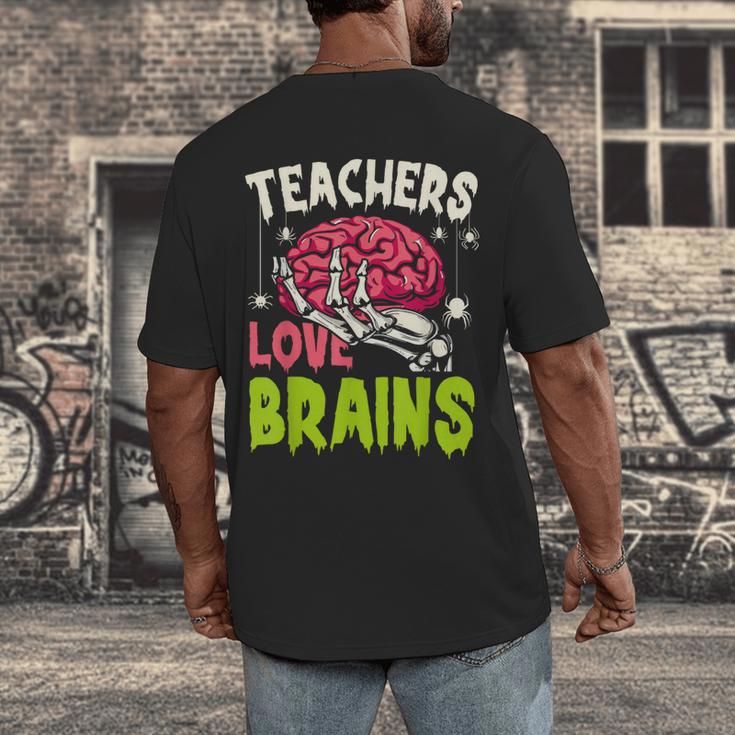 Teachers Love Brains Skeleton Halloween Teacher Funny Men's Back Print T-Shirt, funny design