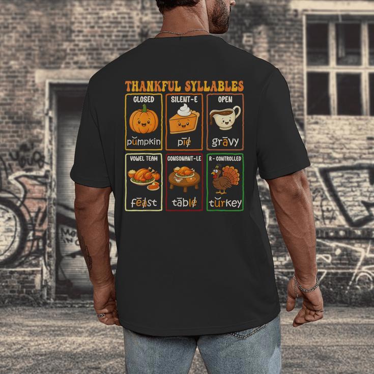 Thankful Syllables Thanksgiving Phonics Reading Teacher Fall Men's Back Print T-Shirt, funny design Thankful Syllables Thanksgiving Phonics Reading Teacher Fall Men's Back Print T-Shirt, funny design