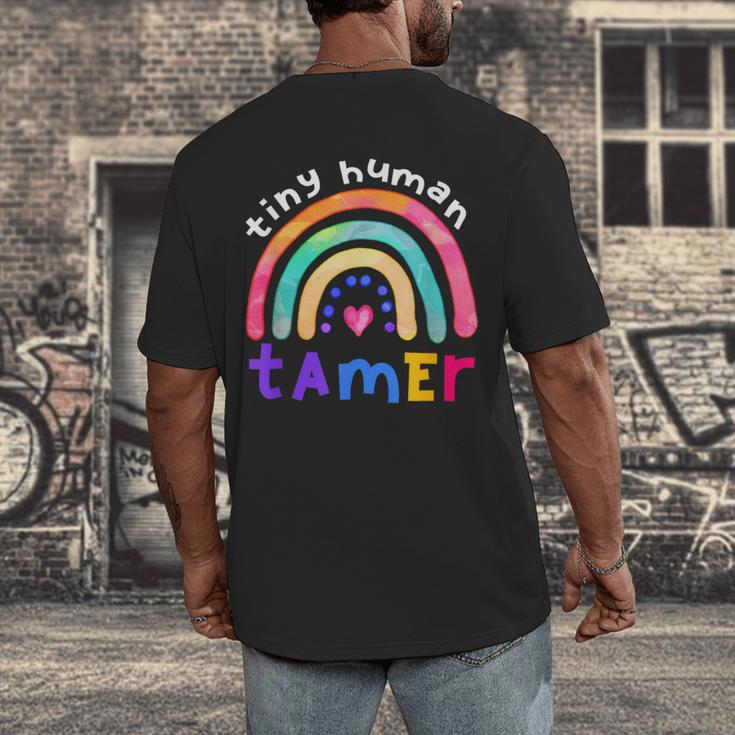 Tiny Human Tamer Watercolor Rainbow Daycare Teacher Men's Back Print T-Shirt, funny design Tiny Human Tamer Watercolor Rainbow Daycare Teacher Men's Back Print T-Shirt, funny design