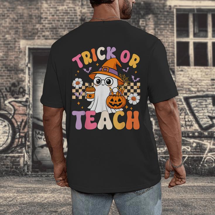Trick Or Teach Cute Ghost Coffee Pumpkins Halloween Teacher Men's Back Print T-Shirt, funny design Trick Or Teach Cute Ghost Coffee Pumpkins Halloween Teacher Men's Back Print T-Shirt, funny design