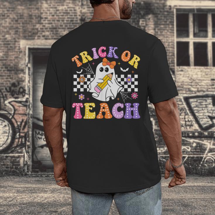 Trick Or Teach Groovy Halloween Teachers Men's Back Print T-Shirt, funny design Trick Or Teach Groovy Halloween Teachers Men's Back Print T-Shirt, funny design