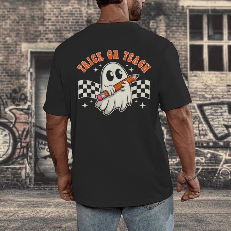 Trick Or Teach Groovy Retro Ghost Halloween Teacher Kids Men's Back Print T-Shirt, funny design