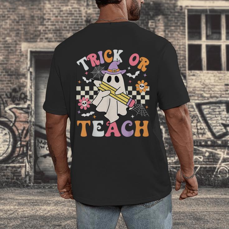 Trick Or Teach Groovy Teacher Halloween Retro Teacher Ghost Men's Back Print T-Shirt, funny design Trick Or Teach Groovy Teacher Halloween Retro Teacher Ghost Men's Back Print T-Shirt, funny design